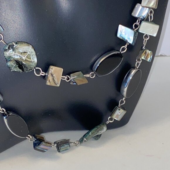 Abalone Shells Beads Long Necklace 38.5 in Blue Green Grey Boho Eclectic Beach - Picture 3 of 6